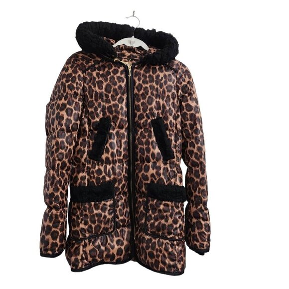 Juicy Couture Womens Puffer Coat Jacket Small Brown Cheetah Leopard Fur Hooded - Picture 1 of 16